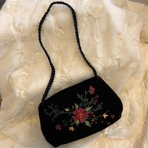 Vintage Black Velvet Purse Embroidered Braided Handle Magnetic Close Well Kept